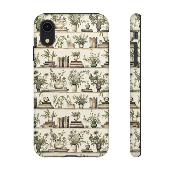 Bookshelf Phone Case - Neutral Beige Books and Plants Protective Cover for iPhone, Samsung, Pixel