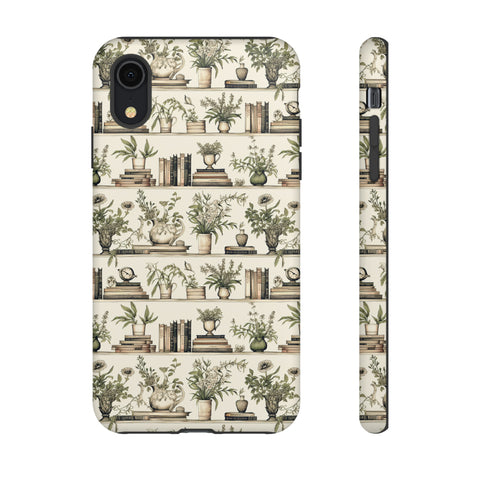 Bookshelf Phone Case - Neutral Beige Books and Plants Protective Cover for iPhone, Samsung, Pixel