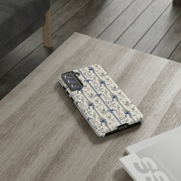 Blue Bow Phone Case - Vintage Floral Preppy Protective Phone Cover for iPhone, Samsung, Pixel