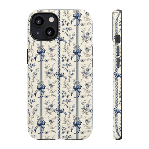Blue Bow Phone Case - Vintage Floral Preppy Protective Phone Cover for iPhone, Samsung, Pixel