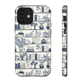 Bookshelf Phone Case - Blue and White Floral Books Protective Cover for iPhone, Samsung, Pixel