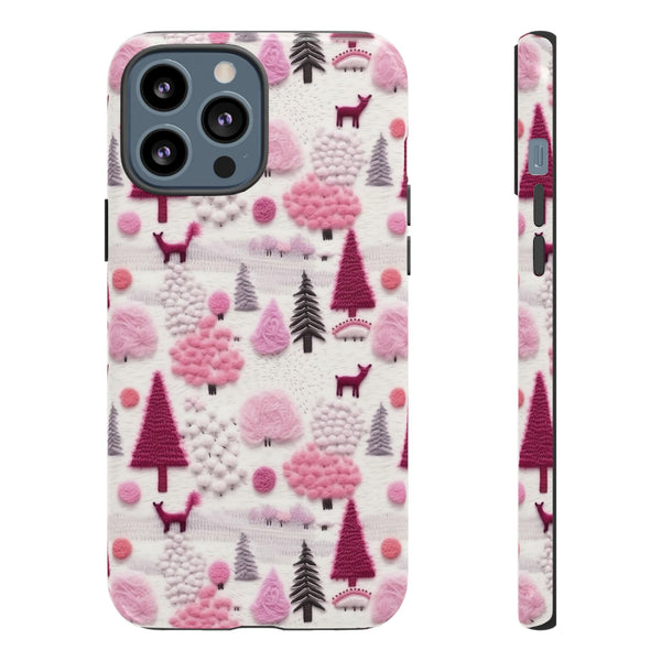 Pink Winter Woodland Aesthetic Embroidery Phone Case for iPhone, Samsung, Pixel