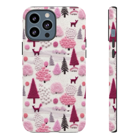 Pink Winter Woodland Aesthetic Embroidery Phone Case for iPhone, Samsung, Pixel