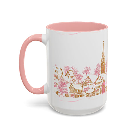 Pink Christmas Village Mug - Festive Aesthetic Holiday Cup for Coffee, Tea, Hot Cocoa