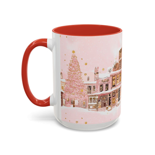 Pink Christmas Town Mug - Festive Holiday Village Art Cup for Coffee, Tea, Hot Chocolate