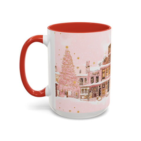 Pink Christmas Town Mug - Festive Holiday Village Art Cup for Coffee, Tea, Hot Chocolate