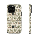 Bookshelf Phone Case - Neutral Beige Books and Plants Protective Cover for iPhone, Samsung, Pixel