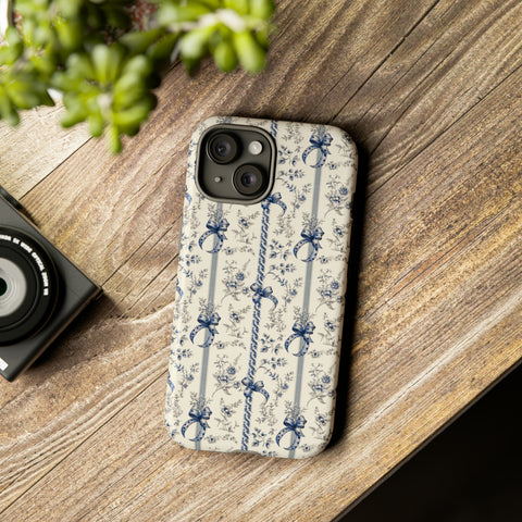 Blue Bow Phone Case - Vintage Floral Preppy Protective Phone Cover for iPhone, Samsung, Pixel