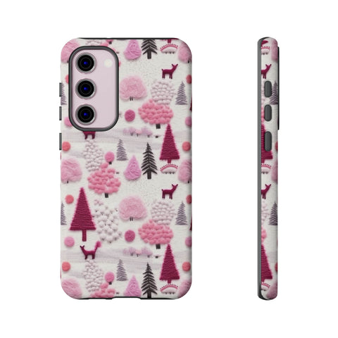 Pink Winter Woodland Aesthetic Embroidery Phone Case for iPhone, Samsung, Pixel