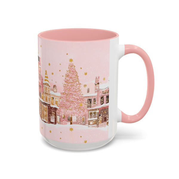 Pink Christmas Town Mug - Festive Holiday Village Art Cup for Coffee, Tea, Hot Chocolate