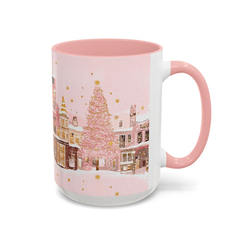Pink Christmas Town Mug - Festive Holiday Village Art Cup for Coffee, Tea, Hot Chocolate