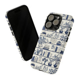 Bookshelf Phone Case - Blue and White Floral Books Protective Cover for iPhone, Samsung, Pixel