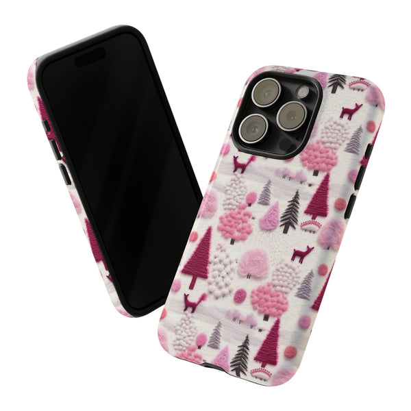 Pink Winter Woodland Aesthetic Embroidery Phone Case for iPhone, Samsung, Pixel