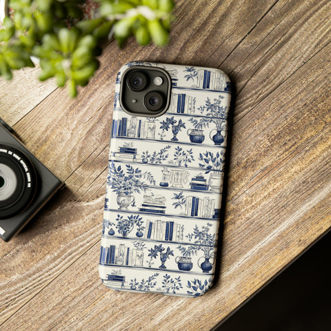 Bookshelf Phone Case - Blue and White Floral Books Protective Cover for iPhone, Samsung, Pixel