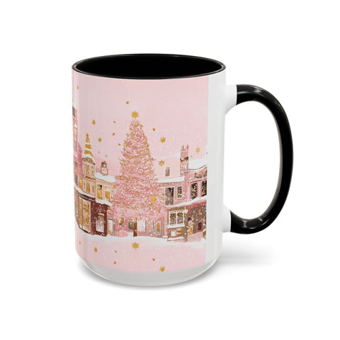 Pink Christmas Town Mug - Festive Holiday Village Art Cup for Coffee, Tea, Hot Chocolate