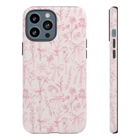 Pink Floral Bow Phone Case - Preppy Bows Protective Phone Cover for iPhone, Samsung, Pixel