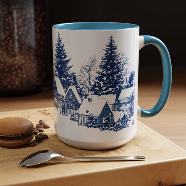 Blue Snowy Winter Village Mug - Holiday Christmas Art Cup for Coffee, Tea, Hot Cocoa