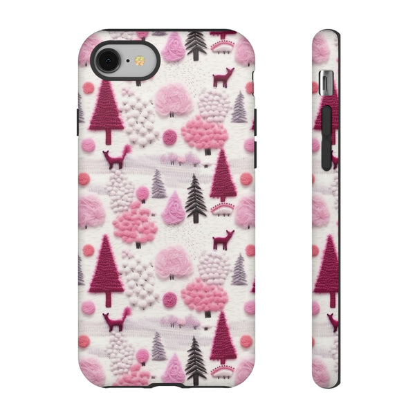 Pink Winter Woodland Aesthetic Embroidery Phone Case for iPhone, Samsung, Pixel