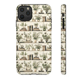 Bookshelf Phone Case - Neutral Beige Books and Plants Protective Cover for iPhone, Samsung, Pixel