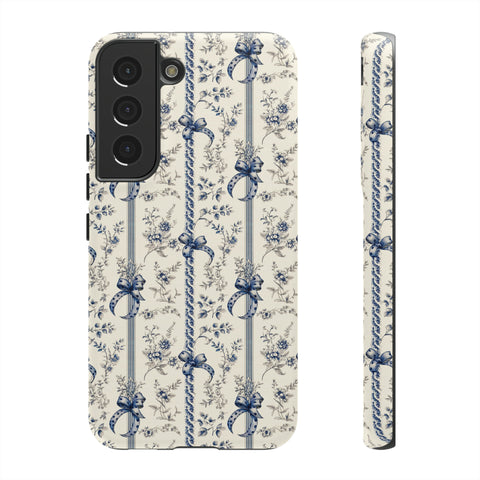 Blue Bow Phone Case - Vintage Floral Preppy Protective Phone Cover for iPhone, Samsung, Pixel