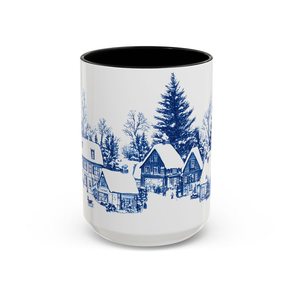 Blue Snowy Winter Village Mug - Holiday Christmas Art Cup for Coffee, Tea, Hot Cocoa