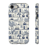 Bookshelf Phone Case - Blue and White Floral Books Protective Cover for iPhone, Samsung, Pixel