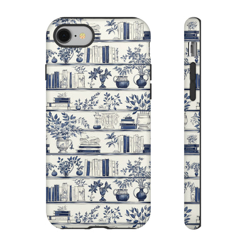 Bookshelf Phone Case - Blue and White Floral Books Protective Cover for iPhone, Samsung, Pixel