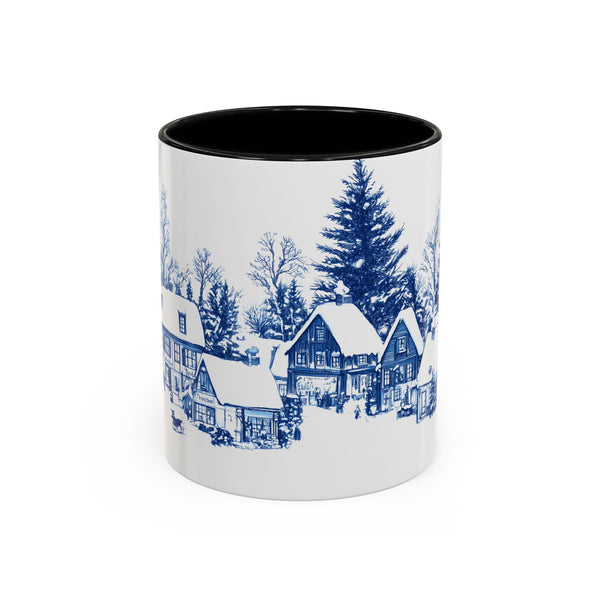 Blue Snowy Winter Village Mug - Holiday Christmas Art Cup for Coffee, Tea, Hot Cocoa