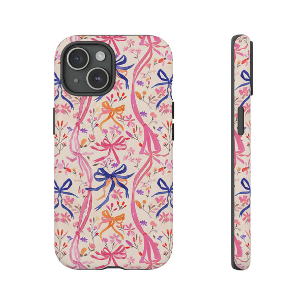 Whirly Bows Phone Case - Pink Preppy Flowers Protective Cover for iPhone, Samsung, Pixel