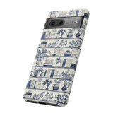 Bookshelf Phone Case - Blue and White Floral Books Protective Cover for iPhone, Samsung, Pixel