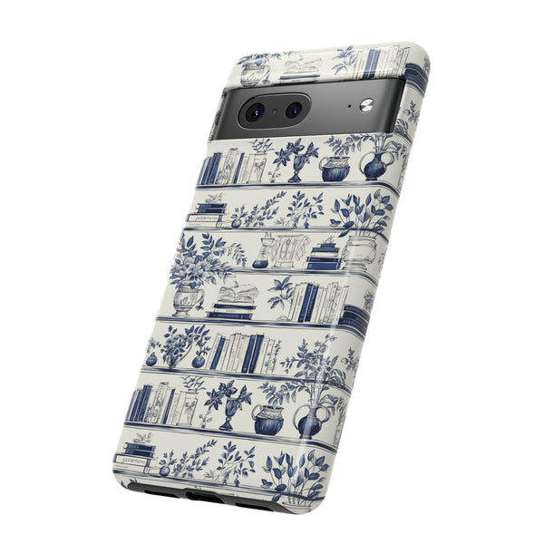 Bookshelf Phone Case - Blue and White Floral Books Protective Cover for iPhone, Samsung, Pixel