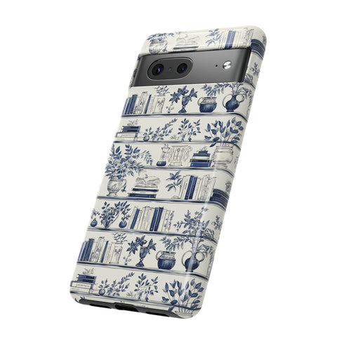 Bookshelf Phone Case - Blue and White Floral Books Protective Cover for iPhone, Samsung, Pixel
