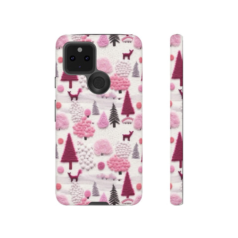 Pink Winter Woodland Aesthetic Embroidery Phone Case for iPhone, Samsung, Pixel