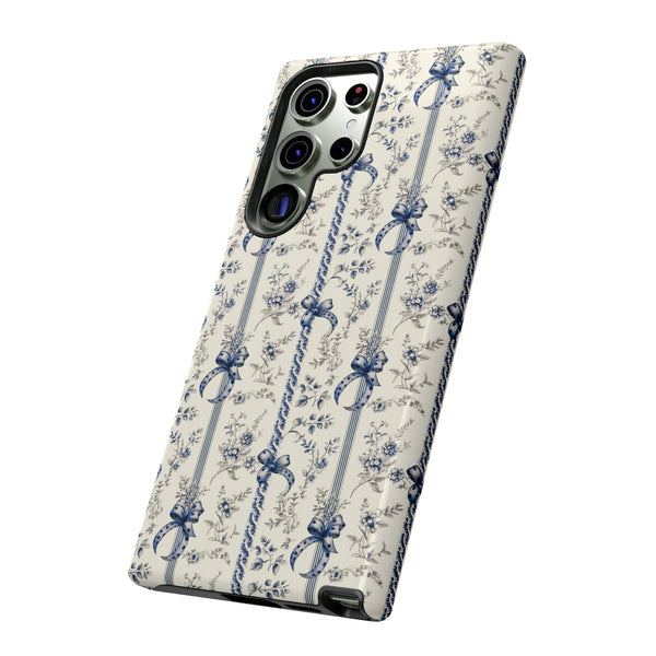 Blue Bow Phone Case - Vintage Floral Preppy Protective Phone Cover for iPhone, Samsung, Pixel
