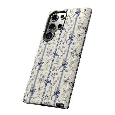 Blue Bow Phone Case - Vintage Floral Preppy Protective Phone Cover for iPhone, Samsung, Pixel