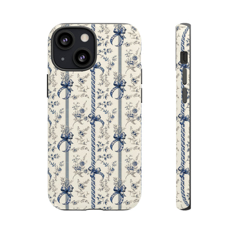 Blue Bow Phone Case - Vintage Floral Preppy Protective Phone Cover for iPhone, Samsung, Pixel