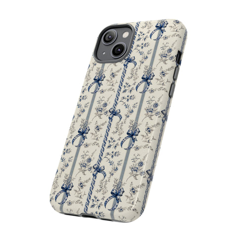 Blue Bow Phone Case - Vintage Floral Preppy Protective Phone Cover for iPhone, Samsung, Pixel