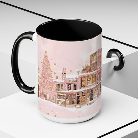 Pink Christmas Town Mug - Festive Holiday Village Art Cup for Coffee, Tea, Hot Chocolate
