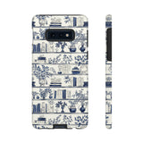 Bookshelf Phone Case - Blue and White Floral Books Protective Cover for iPhone, Samsung, Pixel