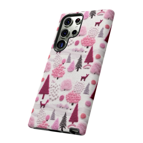 Pink Winter Woodland Aesthetic Embroidery Phone Case for iPhone, Samsung, Pixel