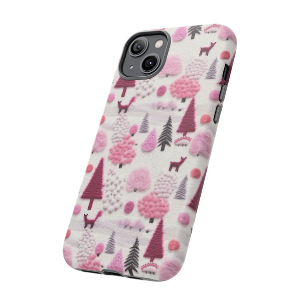 Pink Winter Woodland Aesthetic Embroidery Phone Case for iPhone, Samsung, Pixel