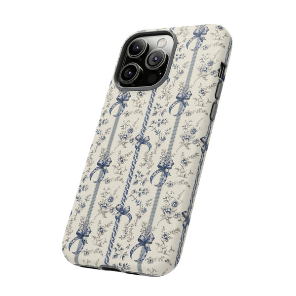 Blue Bow Phone Case - Vintage Floral Preppy Protective Phone Cover for iPhone, Samsung, Pixel