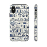 Bookshelf Phone Case - Blue and White Floral Books Protective Cover for iPhone, Samsung, Pixel