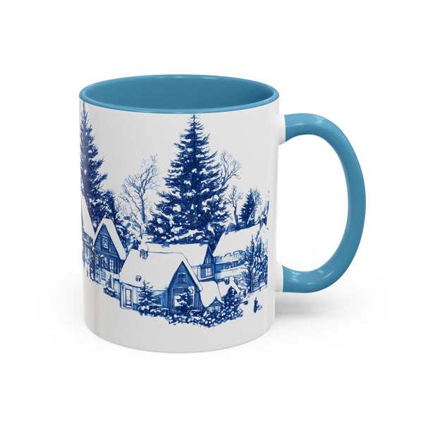 Blue Snowy Winter Village Mug - Holiday Christmas Art Cup for Coffee, Tea, Hot Cocoa