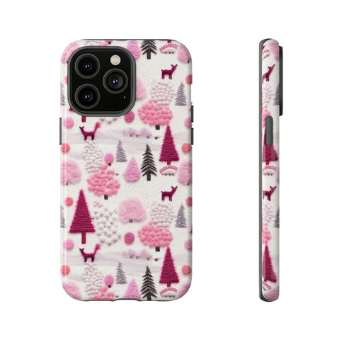Pink Winter Woodland Aesthetic Embroidery Phone Case for iPhone, Samsung, Pixel