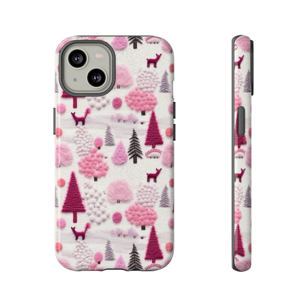 Pink Winter Woodland Aesthetic Embroidery Phone Case for iPhone, Samsung, Pixel