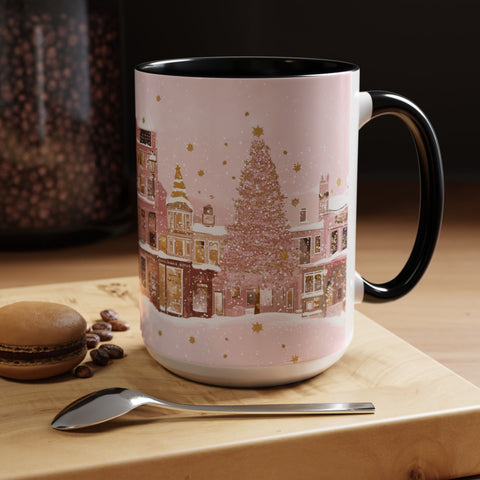 Pink Christmas Town Mug - Festive Holiday Village Art Cup for Coffee, Tea, Hot Chocolate