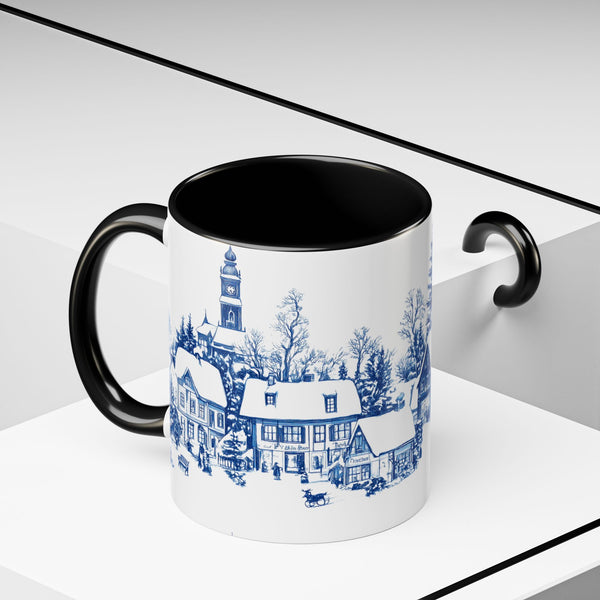 Blue Snowy Winter Village Mug - Holiday Christmas Art Cup for Coffee, Tea, Hot Cocoa