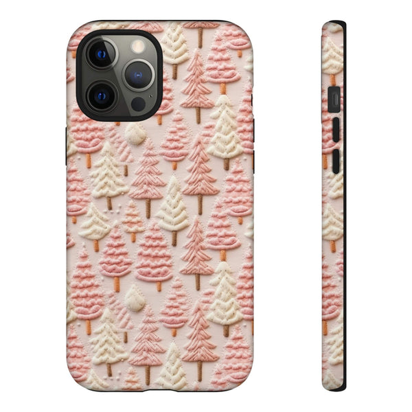 Pink Christmas Trees 3D Embroidery Phone Case for iPhone, Samsung, Pixel