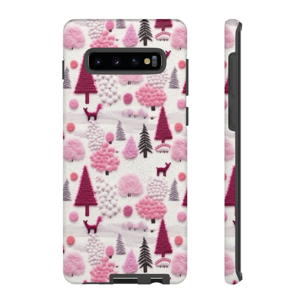 Pink Winter Woodland Aesthetic Embroidery Phone Case for iPhone, Samsung, Pixel